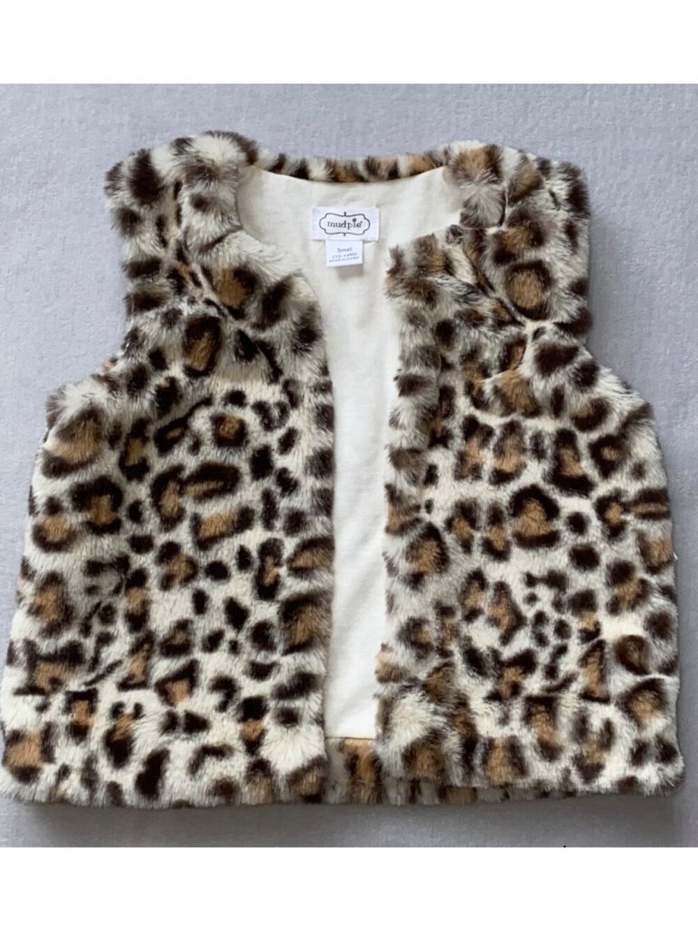 Mud Pie 12-18m faux fur vest baby girl NWOT leopard animal print lined tan black